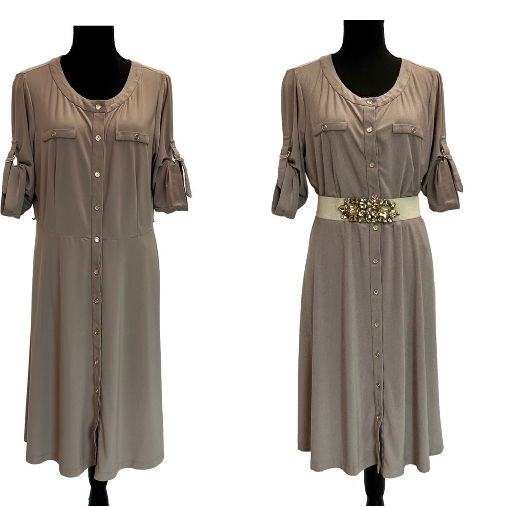 Jones New York tan brown button front tie front dress roll tab sleeve Sz 12